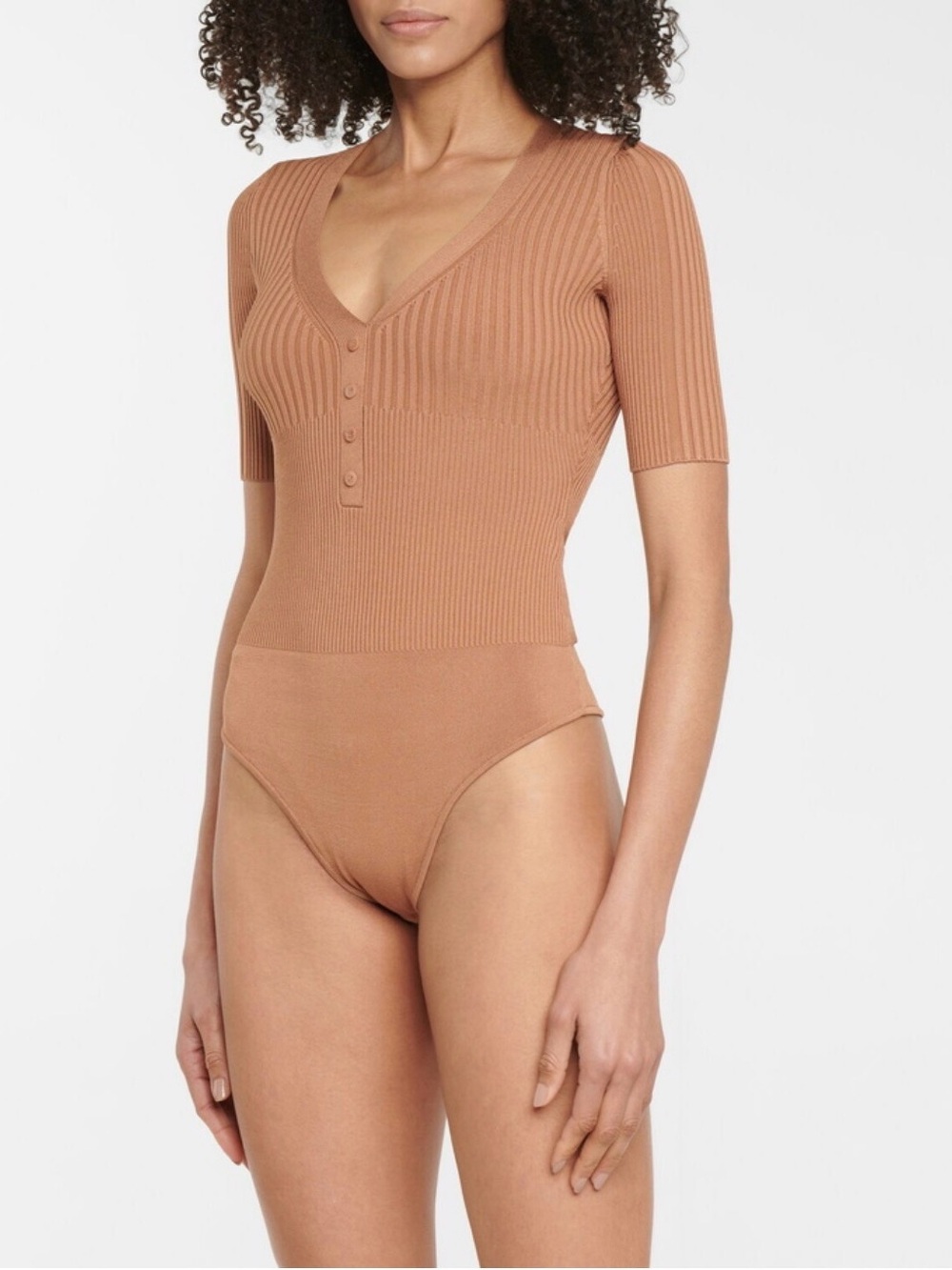 Jonathan Simkhai Ribbed V-Neck Button Bodysuit in Camel